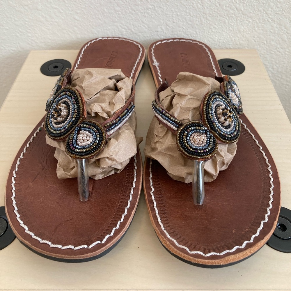 Lyvinnx Handmade Beaded Leather Sandals EU 43 Brown Artisan Shoes